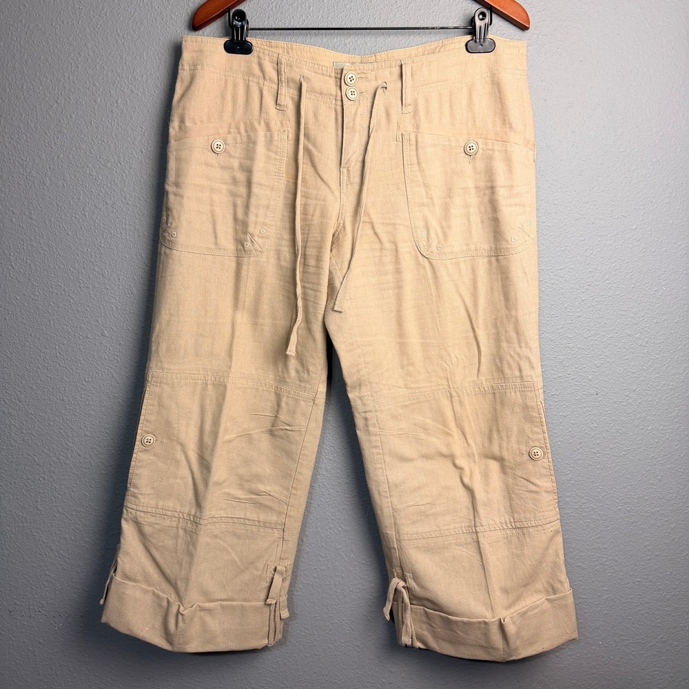 American Rag Cie Khaki Linen Cotton Blend Cropped Cargo Pants Women Size 11